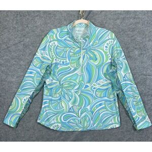 Icikuls 1/4 Zip Pullover Shirt Womens XL Blue Floral Mesh Inserts Stretch Golf